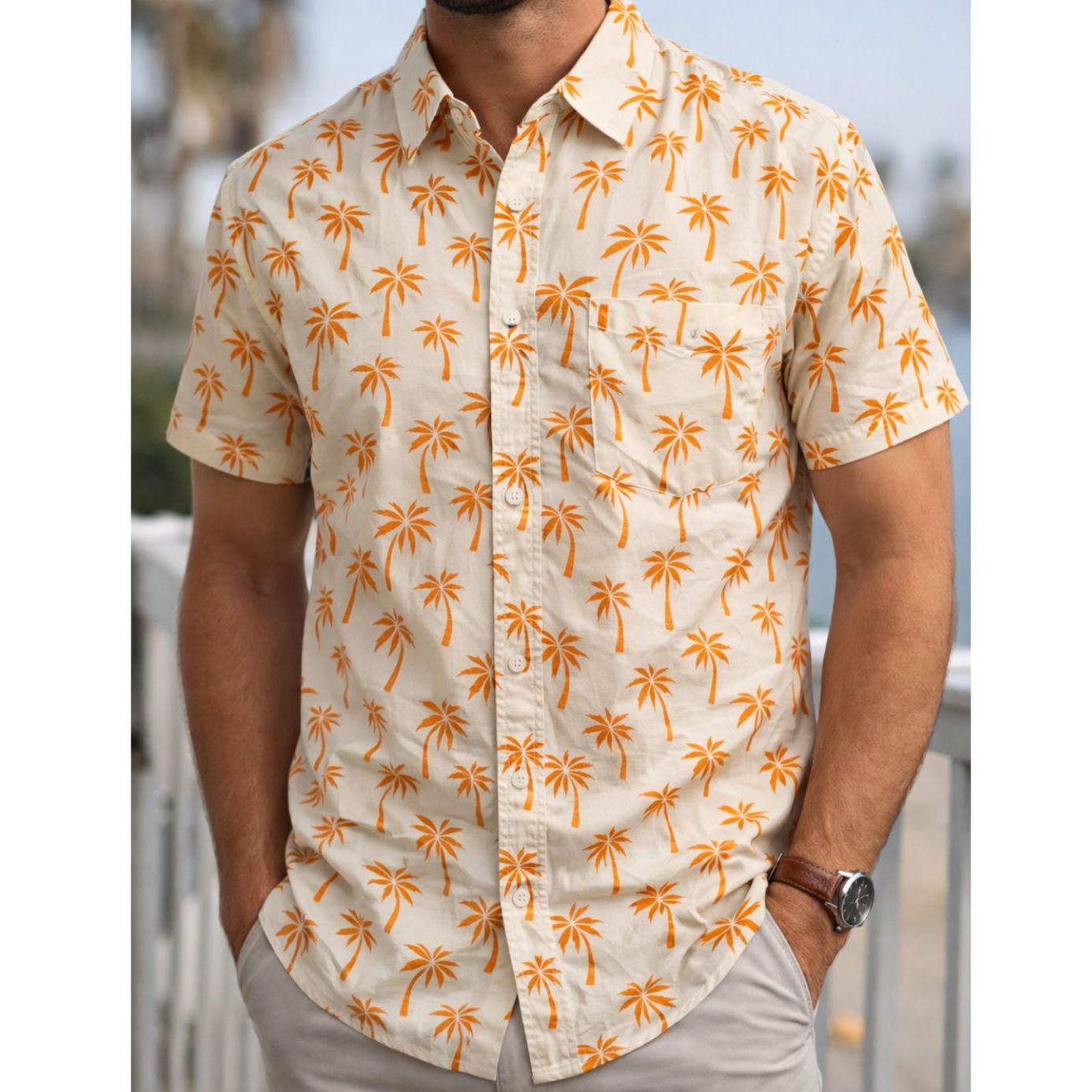Real Essentials Palm Tree Hawaiian Shirt Mens Small 100% Cotton Tropical Beach